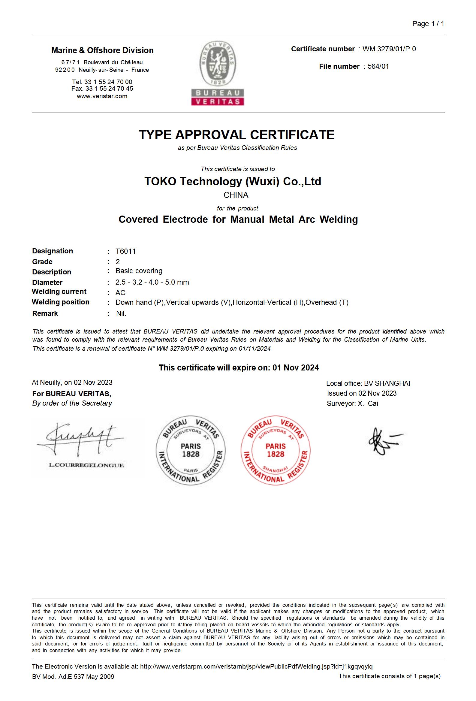TOKO E6011 Cellulosic Welding Electrode BV Certification