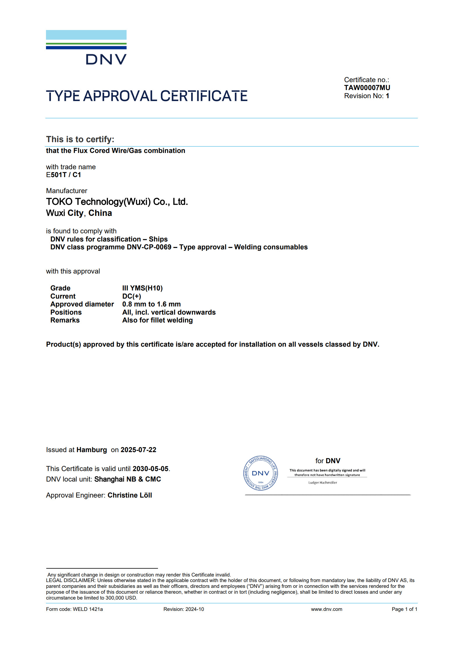 TOKO E71T-1C Flux Cored Welding Wire DUV Certification